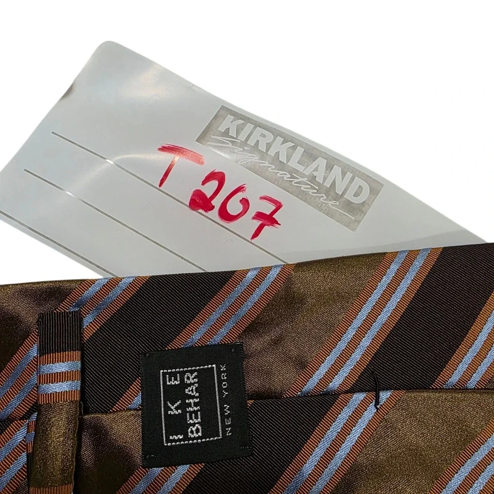 Ike Behar 7-Fold Mens Tie Necktie Designer Luxury Brown Blue‎ Stripe Cotton Silk